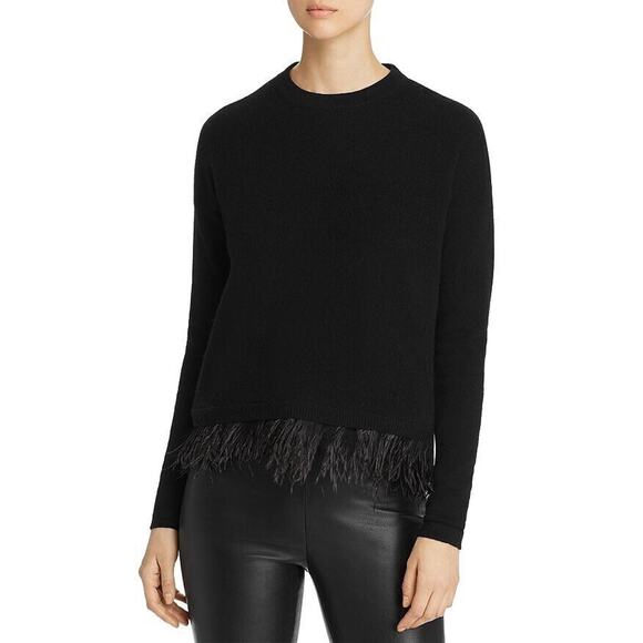 C by Bloomingdale's Black Ostrich Feather Trim Cashmere Crewneck Sweater Sz S - Picture 5 of 15